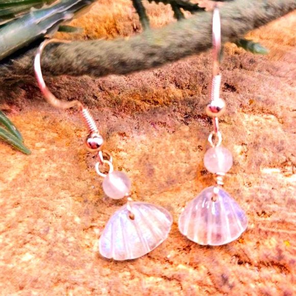 Beautiful Nature Moonstone Flashy Hand Carved Shell S925 Dangle Earring - Picture 2 of 10